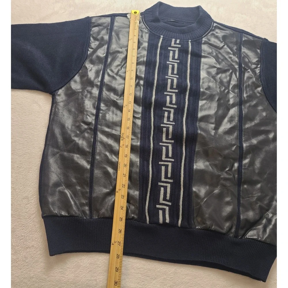 Bagazio Men's Navy Blue Faux Leather Mixed Media Greek Key Knit Sweater Size L